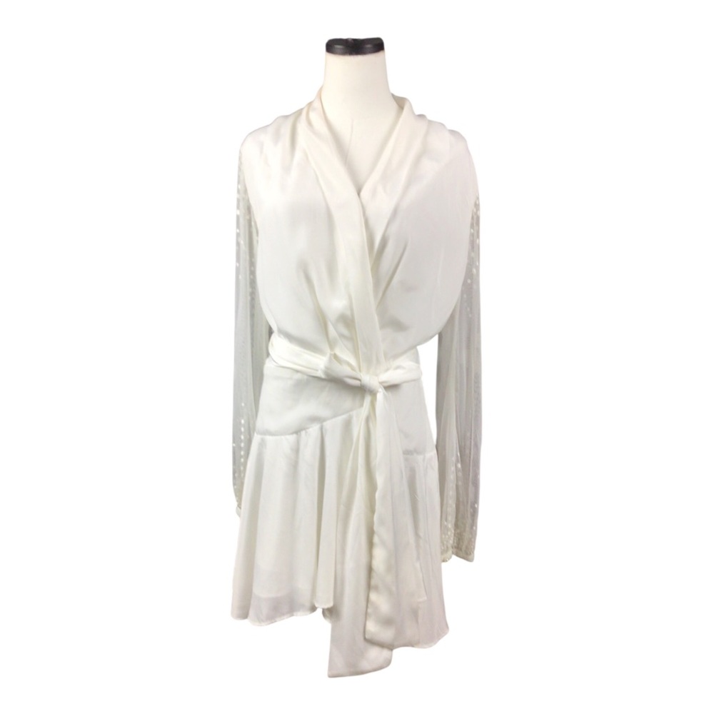 Robed With Love White Wrap Satin Robe with Sheer Sleeves Large Wedding Night